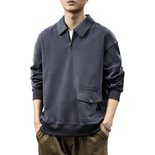 前进牛 秋季美式休闲复古潮牌厅局风翻领潮流百搭高端重磅宽松口袋上衣长袖卫衣 男款