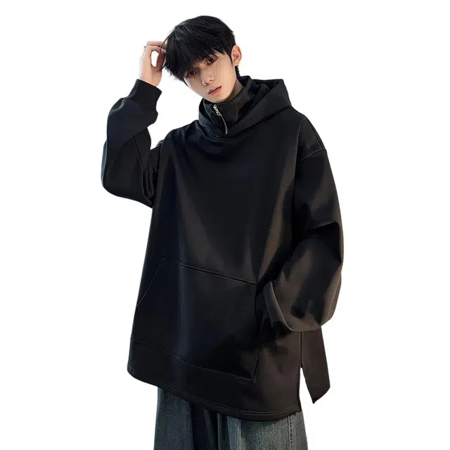 顶峰保罗 美式潮牌重磅假两件连帽无性别主义直筒高街宽松百搭时尚纯色卫衣 男女同款