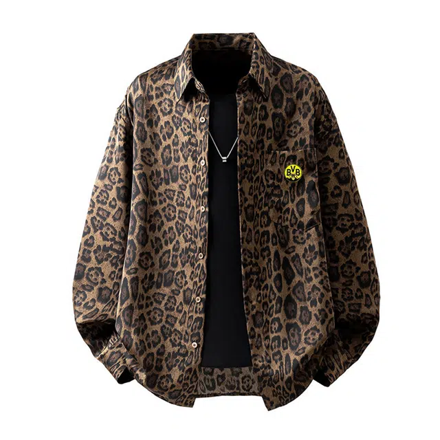 普鲁士多特蒙德 美式高街痞帅豹纹胸针可拆卸设计春秋宽松简约日常百搭长袖衬衫 男女同款