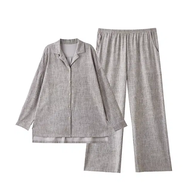 俏薇妮 春秋款纯棉带胸垫一体长袖长裤家居服睡衣套装 女款