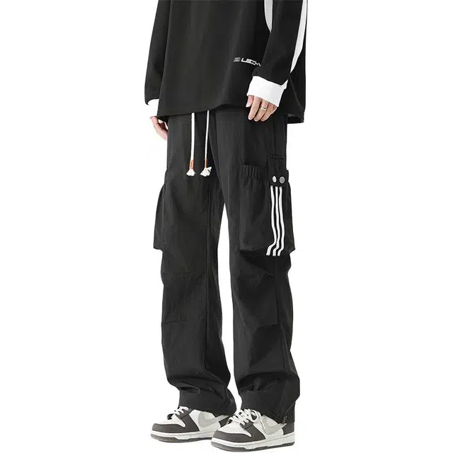 协协乐 条纹美式复古设计拼接春秋季潮牌宽松直筒拖地裤百搭青少年痞帅抽绳休闲长裤工装裤 男款