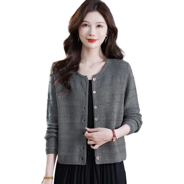 袋鼠 时尚百搭宽松洋气质感纹路透气圆领羊毛开衫针织衫 女款