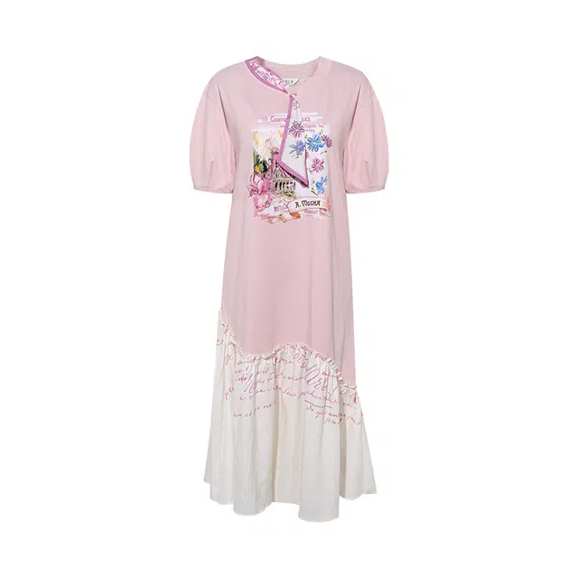 两三事 紫苑甜乡 甜美可爱小清新时尚优雅浪漫休闲宽松舒适日常通勤百搭圆领印花领带蕾丝拼接长款长袖连衣裙 女款