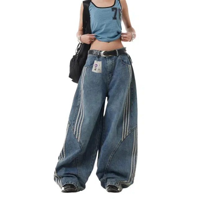 识恩 美式复古水洗解构弯刀高街条纹拼接宽松显瘦休闲阔腿裤子牛仔裤 女款