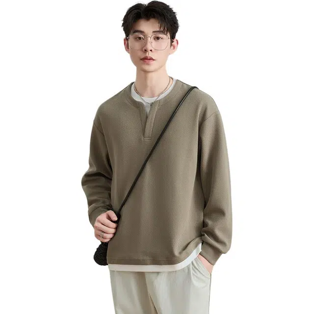 徐百货 美式高街潮牌百搭休闲肌理假两件春秋季宽松潮流套头上衣秋装打底衫卫衣 男女同款