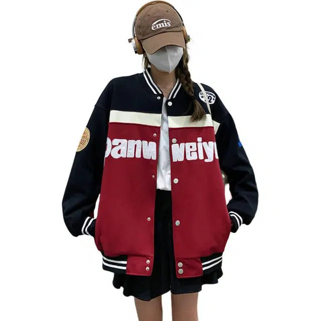 稻草人 撞色拼接复古宽松休闲字母印花棒球服夹克外套 女款