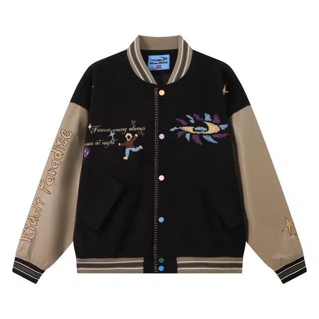 江南先生 大小孩乐园 复古风撞色拼接棒球服童趣图案绣花宽松外套夹克 男女同款