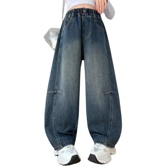 蓝彩何牛仔裤 女童裤宽松阔腿韩式风春秋款女孩裤子儿童春装刺绣长裤超好看