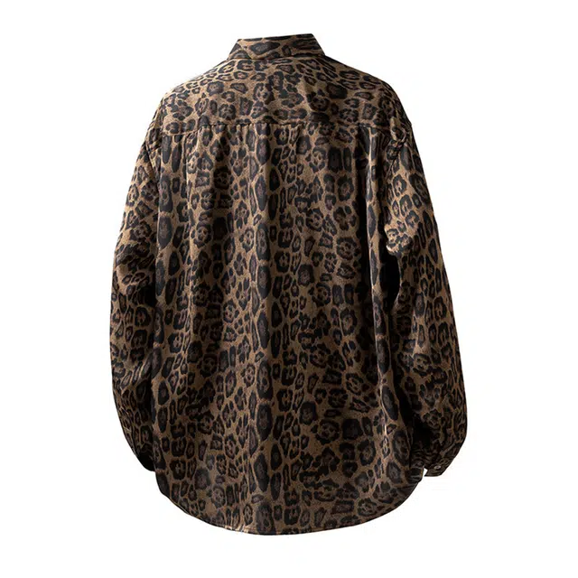 普鲁士多特蒙德 美式高街痞帅豹纹胸针可拆卸设计春秋宽松简约日常百搭长袖衬衫 男女同款