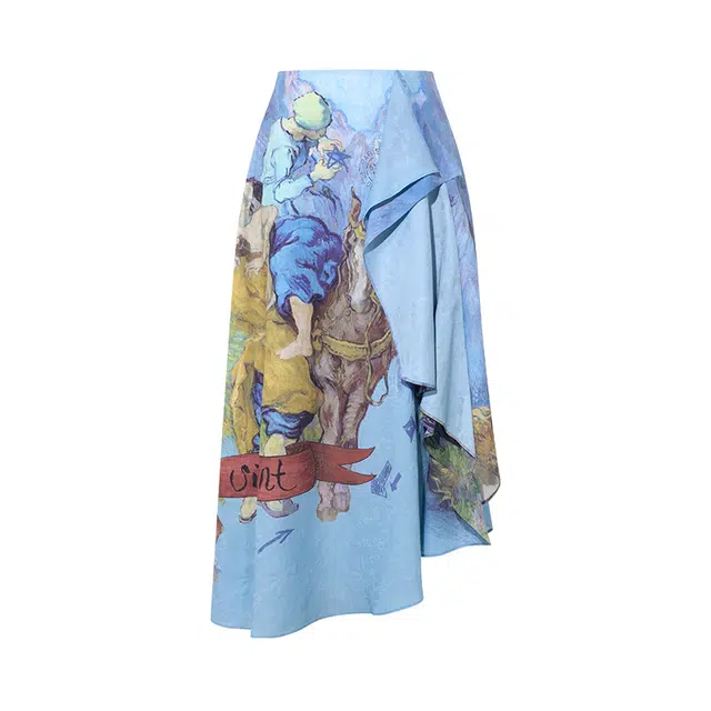 两三事 梵高文艺流动笔触夏季复古高腰休闲长裙 女款