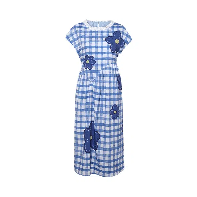 两三事 花月筑海 复古文艺时尚潮流设计宽松舒适百搭圆领修身显瘦花朵贴布绣蕾丝拼接格子连袖长款短袖连衣裙 女款