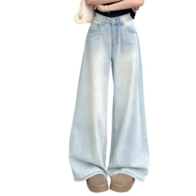 荟萃阁 显瘦百搭后袋拼接设计感宽松直筒阔腿拖地裤子牛仔裤 女款