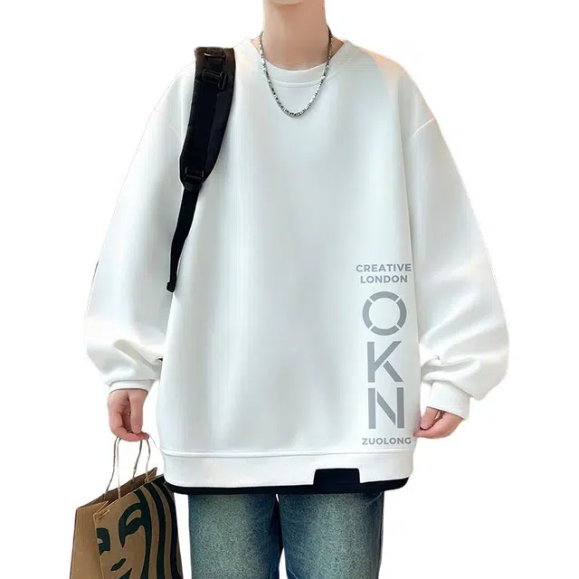 一碗士多 拼接撞色字母印花个性小众高级感设计美式复古高街潮牌时尚舒适宽松户外通勤日常百搭圆领落肩长袖卫衣 男女同款