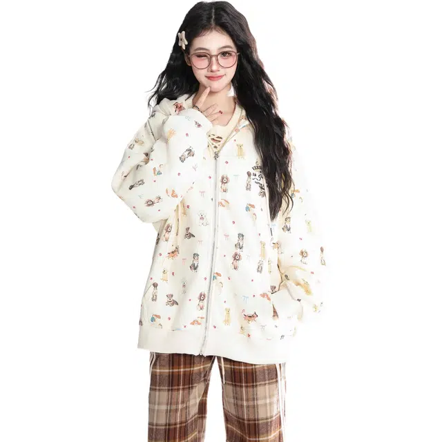 小卷要加油 美式玩家狗狗满印耳朵秋季宽松设计感外套复古宽松设计感卡通夹克 女款