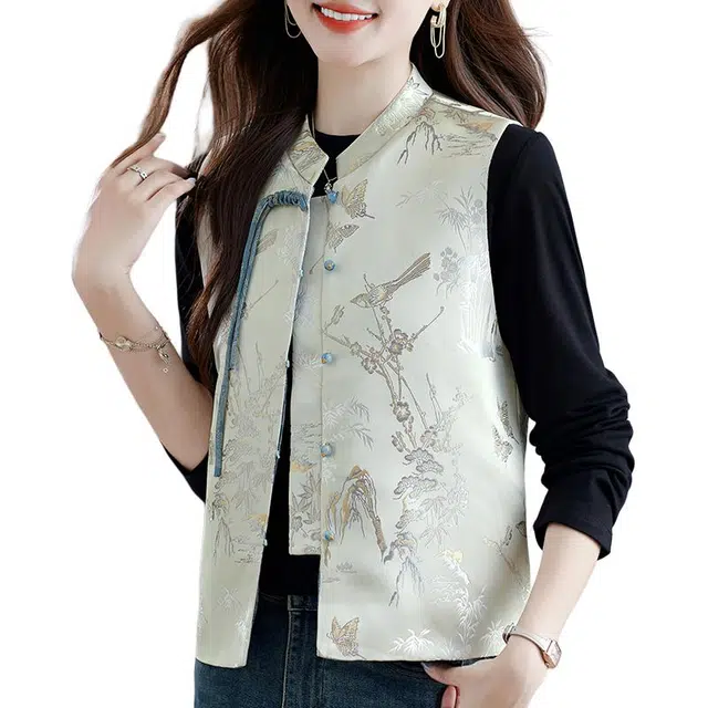 缪斯的诱惑  新中式气质优雅东方古韵立领设计中国风缎面刺绣上衣简约时尚百搭开衫外套坎肩无袖背心马夹洋气减龄复古叠穿单排盘扣马甲 女款