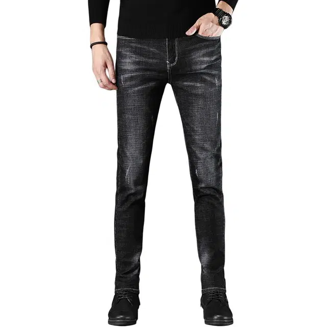 么宁 秋冬季韩版潮流修身小直筒裤弹力舒适透气简约百搭个性痞帅休闲保暖加绒牛仔裤 男女同款