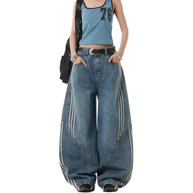 柏黛妃 美式复古水洗解构弯刀牛仔裤女设计感拼接三条杠条纹阔腿裤休闲裤 女款