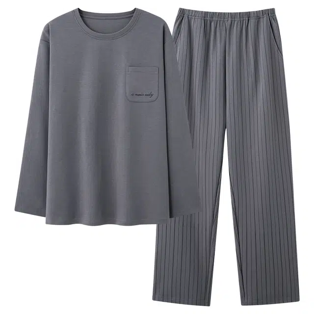 俏佳人 纯棉简约休闲纯色圆领套头条纹可外穿家居服舒适亲肤透气长袖长裤睡衣套装 男款