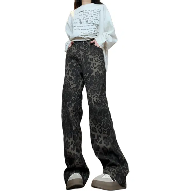 欧迪芬 美式复古豹纹阔腿裤女高腰直筒设计感大码显瘦拖地长裤潮牛仔裤 女款