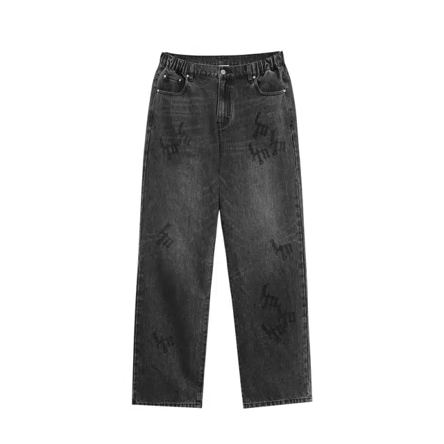 鹿家门 做旧印花男士直筒健身美式大码健身长裤子牛仔裤 男女同款