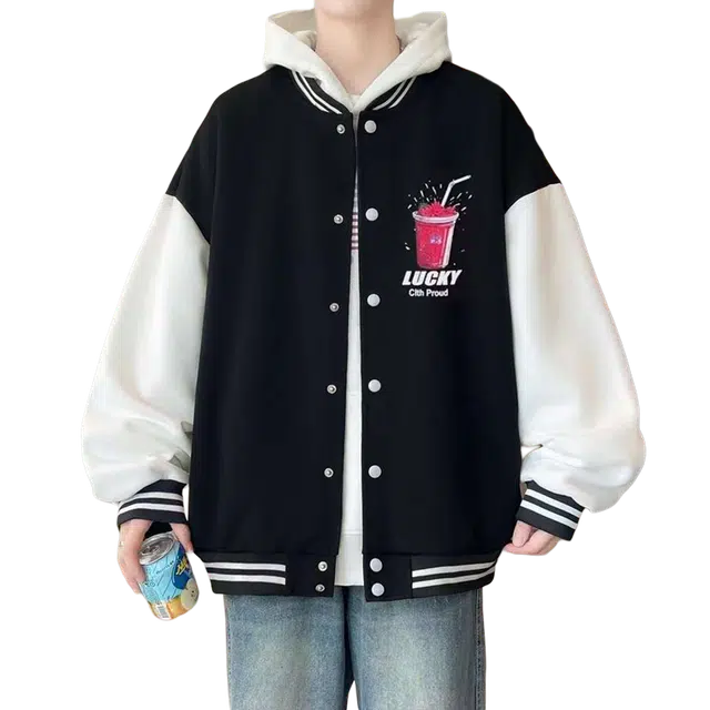 一碗士多 美式百搭高街小众复古拼接落肩单排扣独特印花设计简约宽松舒适重磅基础款经典棒球领夹克 男女同款