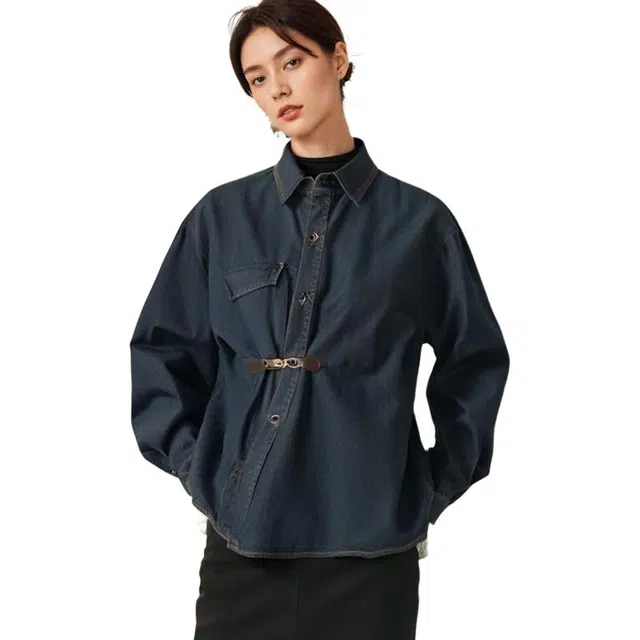 木清清 小众设计感不规则金属装饰复古长袖牛仔外套 女款