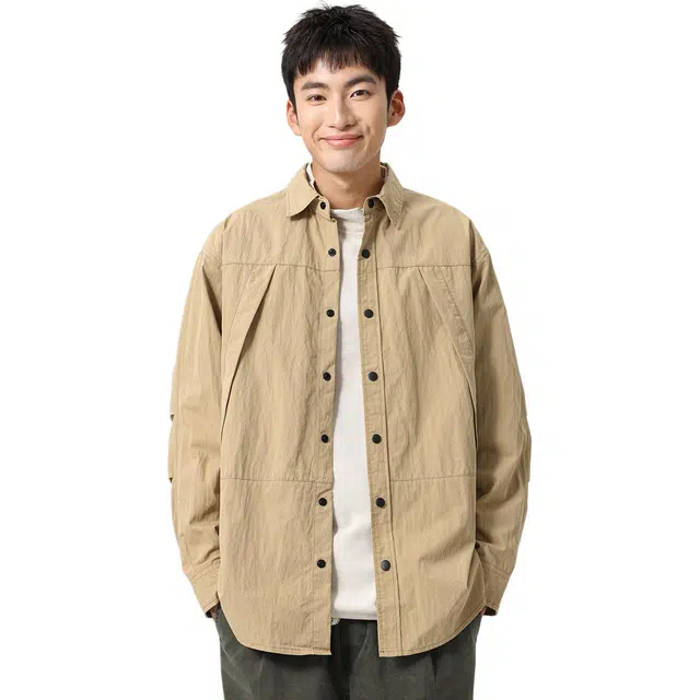 米素力 宽松工装长袖纯色落肩袖户外风衬衫 男女同款