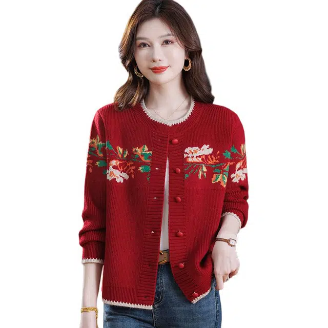 袋鼠 优雅气质时尚宽松百搭复古印花质感纹路开衫长袖针织衫 女款