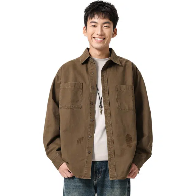 米素力 复古翻领长袖刺绣落肩袖休闲风衬衫 男女同款