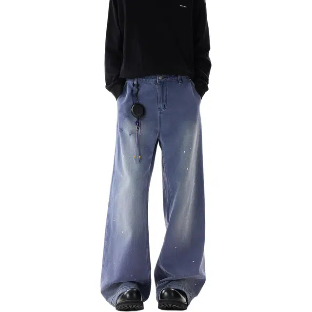 佐菲利 高街美式复古泼墨白点渐变水洗做旧宽松直筒破洞裤牛仔裤 男女同款