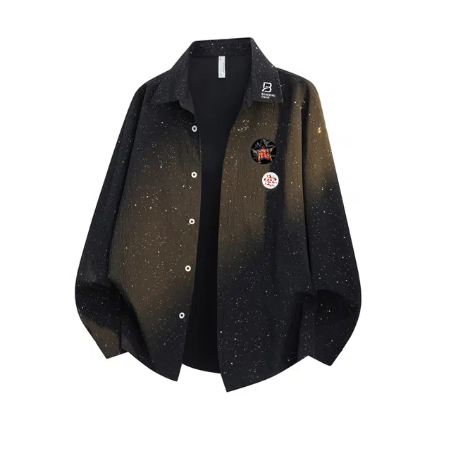 半空山 美式复古高街纯色简约褶皱纹理免烫抗皱防日光个性印花可拆卸乐扣徽章潮流时尚百搭透气舒适小众通勤日常衬衫 男女同款