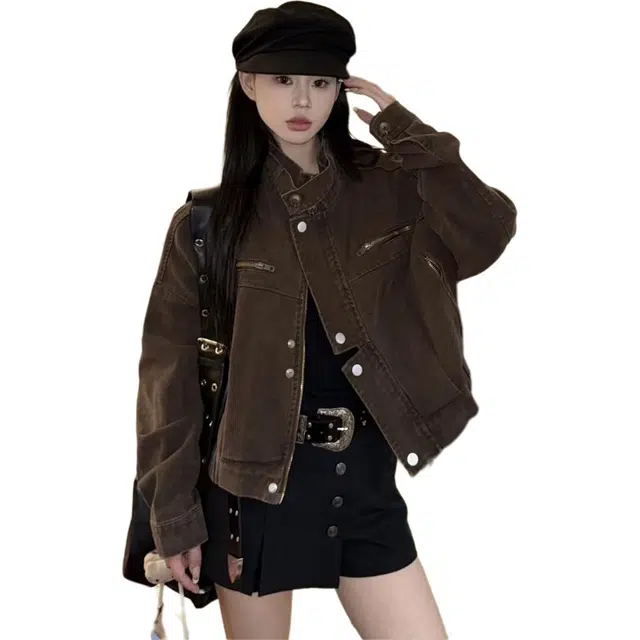沐晓欣 美式特调工装巴恩风外套女早秋立领机车显瘦短夹克 女款