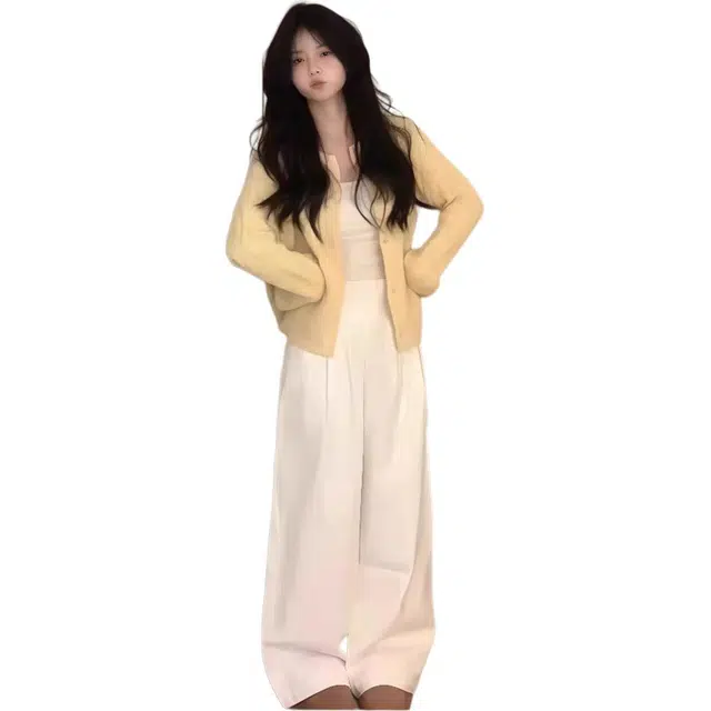 敲模女孩 法式学院风设计感吊带叠穿针织开衫高腰阔腿牛仔裤三件套休闲套装 女款