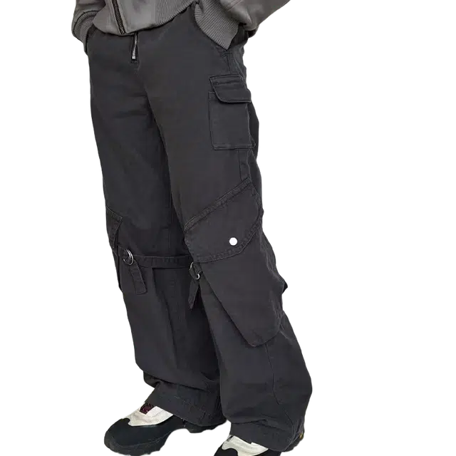 一碗士多 美式复古高街小众百搭纯色做旧水洗绑带多口袋设计宽松阔腿直筒户外通勤垂感拖地废土风痞帅牛仔裤 男女同款