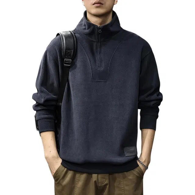 前进牛 美式经典高街风潮牌痞帅重磅潮流宽松半拉链立领长袖卫衣 男女同款