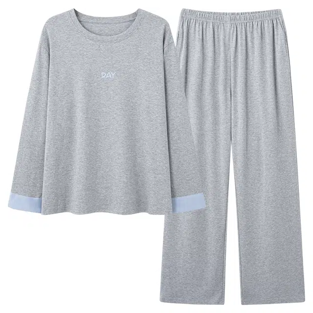 俏霓桐 春秋款优雅时尚拼色带胸垫亲肤纯棉休闲简约字母长袖长裤家居服可外穿睡衣套装 女款