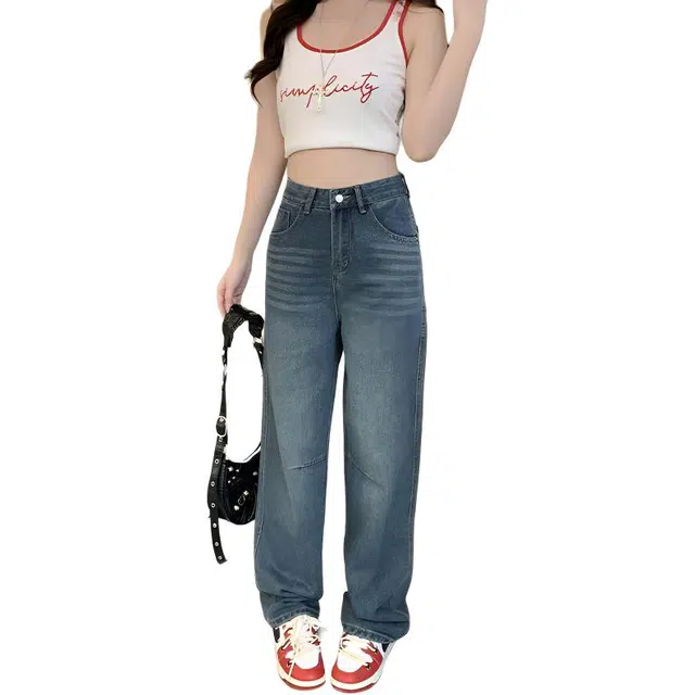 淑好百 蓝色大码复古高腰牛仔裤 女款