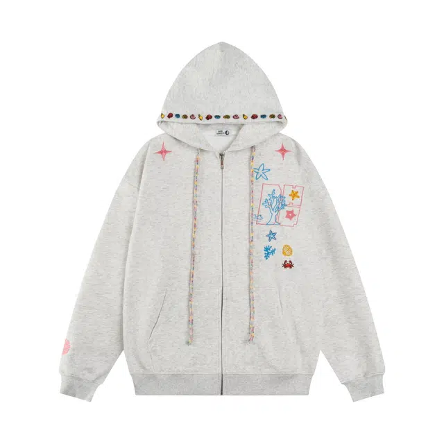 奇迹街区 美式潮牌字母图案卡通涂鸦刺绣百搭简约舒适小众设计感拼接情侣日常慵懒风复古宽松常规拉链开衫长袖连帽卫衣 男女同款