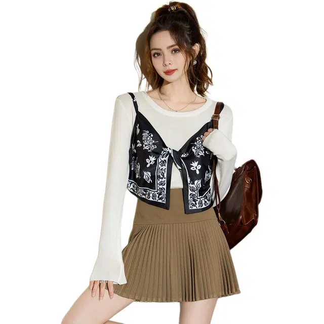 法文箱子 复古设计感假两件长袖大花常规圆领修身针织衫 女款