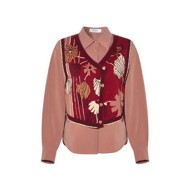 两三事 红莓夕霞 复古花卉拼接假两件宽松长袖衬衫 女款