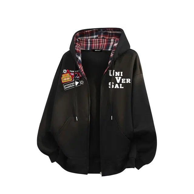 物质公式 美式复古高街重磅格纹拼接解构趣味徽章印花赛车服休闲运动宽松百搭简约基础款潮流学生通勤学院风套头长袖落肩连帽卫衣 男女同款