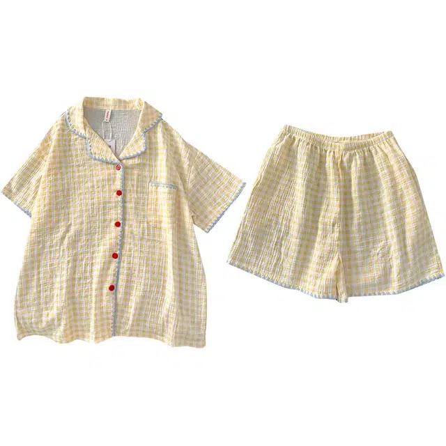 静英鸾 翻领格子甜美风休闲舒适家居服睡衣套装 女款