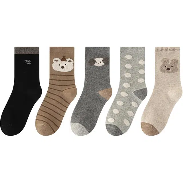 潞优野 卡通可爱条纹无骨棉袜运动吸汗透气秋冬款中筒袜 女款