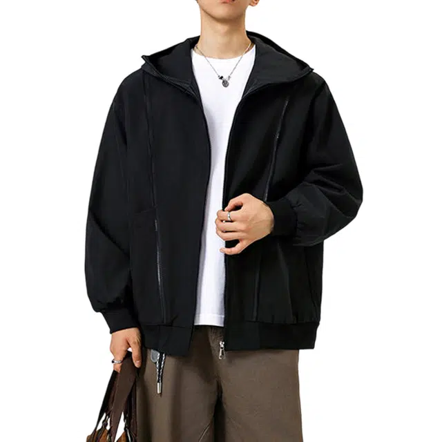 冈哉 拉链大口袋设计解构拼接纯色美式潮牌高级感户外通勤防风保暖街头痞帅宽松休闲连帽夹克外套 男女同款