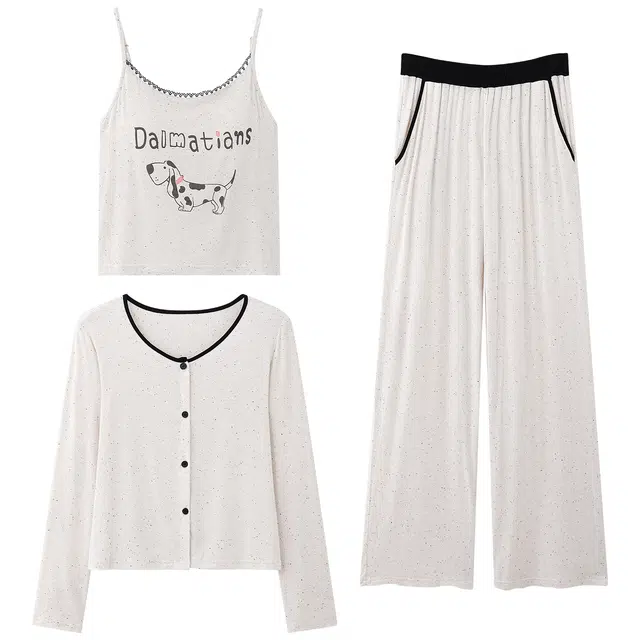 俏霓桐 春秋款可爱卡通哈巴狗带胸垫纯棉三件套简约圆点甜美长袖长裤家居服可外穿睡衣套装 女款