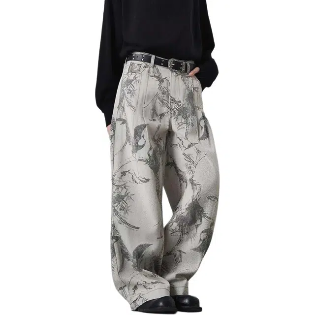 宝米卡 美式复古提花设计感阔腿直筒裤秋季超火休闲宽松高腰拖地长裤子牛仔裤 男女同款