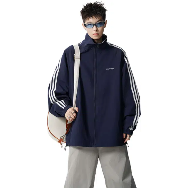 冈哉 美式复古经典三条杠格子两面穿翻领痞帅个性潮流潮牌时尚慵懒感日常通勤柔软舒适亲肤机车飞行夹克 男女同款