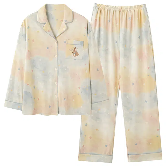 俏霓桐 春秋款可爱卡通小兔纯棉亲肤甜美晕染彩色星星休闲长袖长裤家居服可外穿睡衣套装 女款