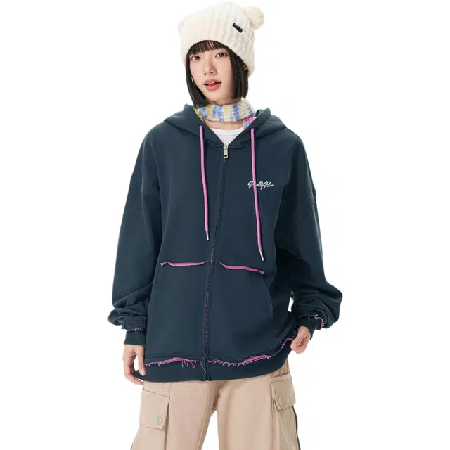 【反穿多巴胺】布客行 彩色条纹木耳边拆卸别针美式复古高街港风回潮设计连帽落肩口袋系带开衫宽松舒适百搭华棉长袖外套 卫衣 男女同款