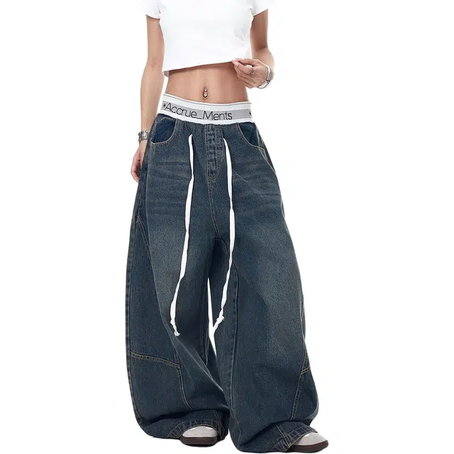 木清清 美式 复古 撞色 腰头 拼接 弯刀 男女 设计感 宽松 休闲 阔腿裤 潮牛仔裤 女款